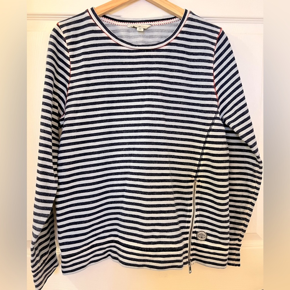 Lucky Lotus Striped Sweatshirt, Blue stripe, zipper accent, Sz M